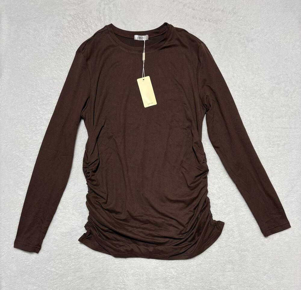 Ekouaer Maternity Shirt Womens Large Brown Long Sleeve Ruched Tunic Top